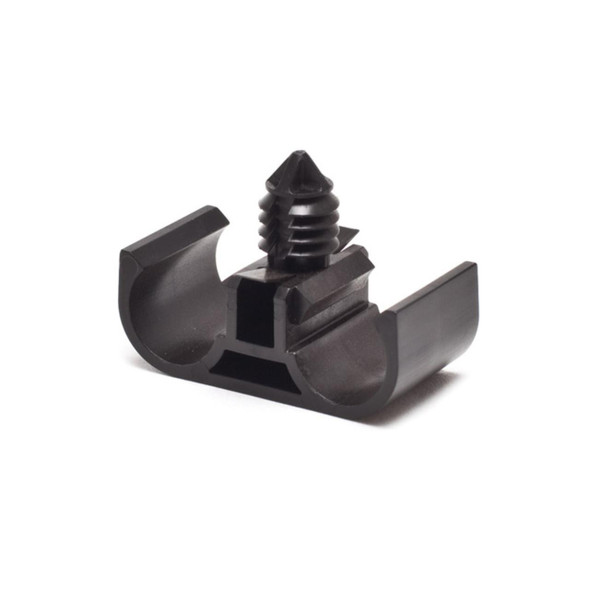 OEM Parts Diesel Fuel Line Double Clip for Discovery 2 & Defender Td5, black plastic clip with screw and U-shaped design.
