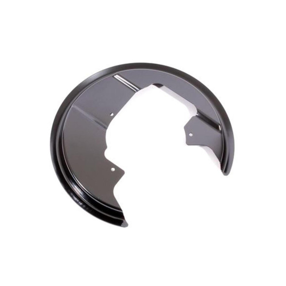 Product: Front Brake Dust Shield Mud Shield Backing Plate Left Hand for Range Rover P38, image description: black curved metal brake dust shield with mounting holes.