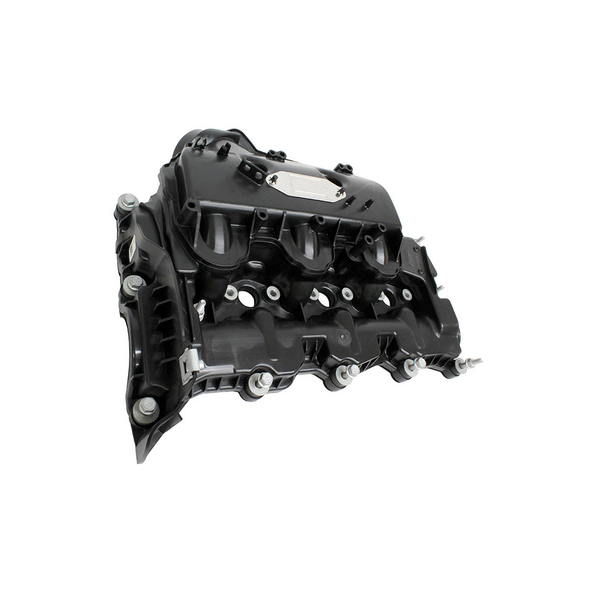 OEM Left Hand Inlet Manifold for 3.0 V6 TDV6 SDV6 Diesel Engines, image showing a black plastic inlet manifold with metal screws and a red cap.