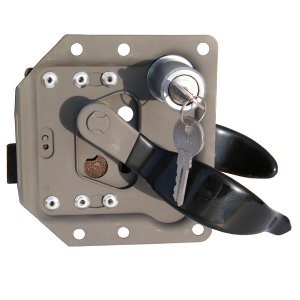 Direct Replacement Front Right Hand Door Handle & Lock - 337801 for Series 2/3, car door handle and lock mechanism with key on a gray metal backing plate.