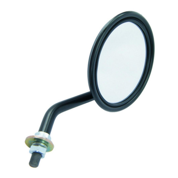 Direct Replacement Round Wing Mirror & Stalk - 562912 for Series & Range Rover Classic, black round side mirror with stalk and mounting bolt for vehicle rearview mirror replacement.