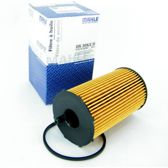 Mahle Engine Oil Filter for Discovery 3, 4 & Range Rover Sport 2.7 TDV6, image of a cylindrical yellow filter with black end caps and attached rubber O-ring with a white and blue branded box.