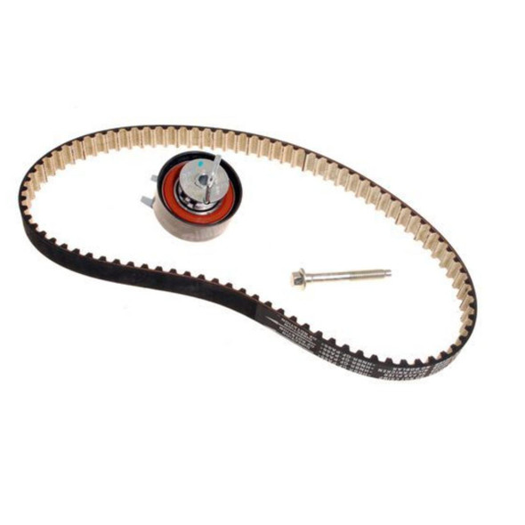 Dayco Rear Timing Belt Kit DAYCO for Discovery 3/Range Rover Sport 2.7 TdV6 EU2, featuring a black and beige timing belt, a red and silver tensioner pulley, and a metal bolt for installation.
