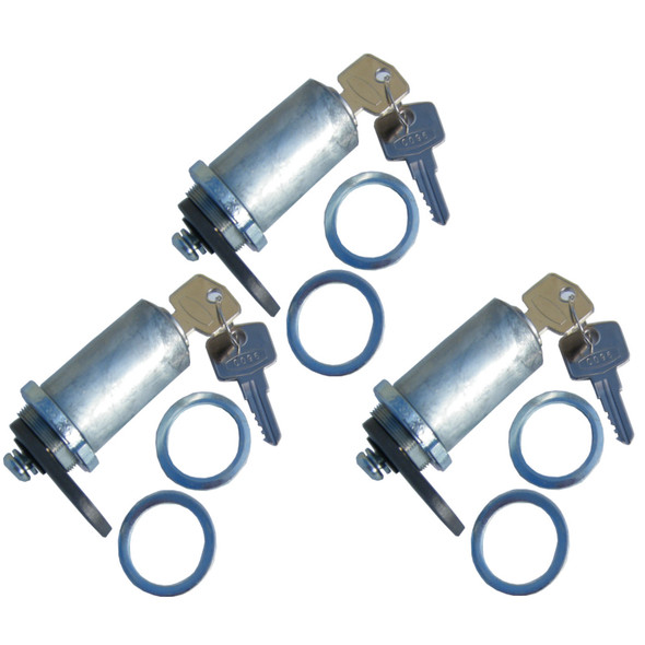 Direct Replacement Door Lock & Key Barrel Set for Series 2, metallic lock cylinders with keys and washers.