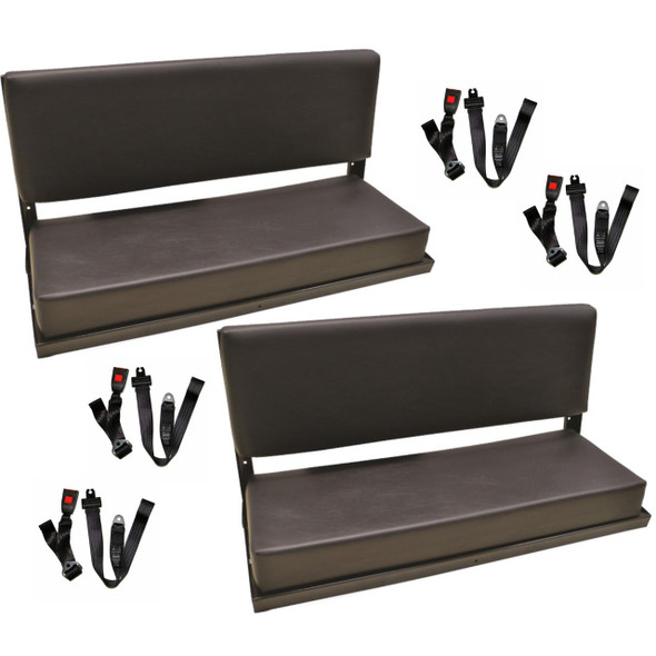 Direct Replacement Rear Bench Seat Black Vinyl County C/W Lap Seat Belts x2 (Pair) for Defender, car upholstery with seat belts attached for rear seating area.