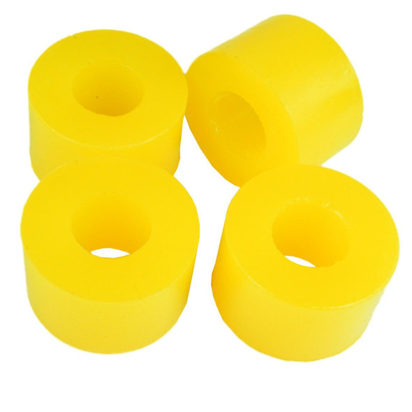 Britpart Front Shock Absorber Polyurethane Bush Kit for Discovery 1, four yellow bumper-style bushings with central hole for shock absorber installation.