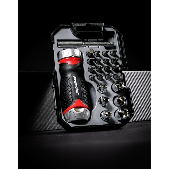 Premier Fine Tooth Stubby Ratchet Screwdriver Socket & Bit Set 24pc