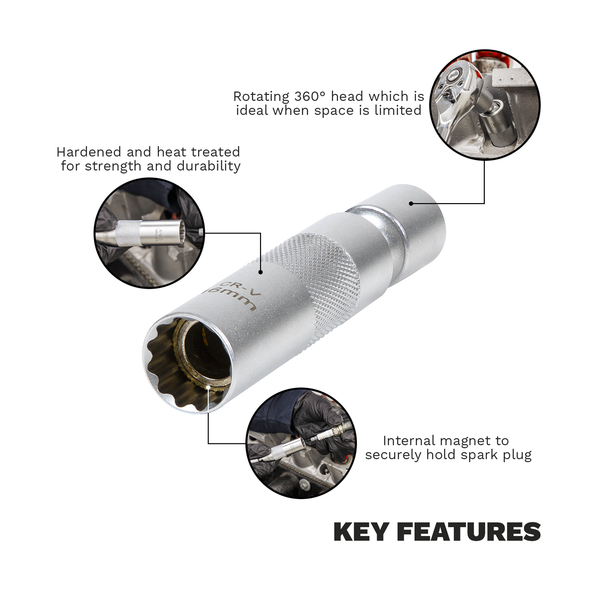 Spark Plug Socket with Universal Joint 3/8"Sq Drive 12-Point 16mm