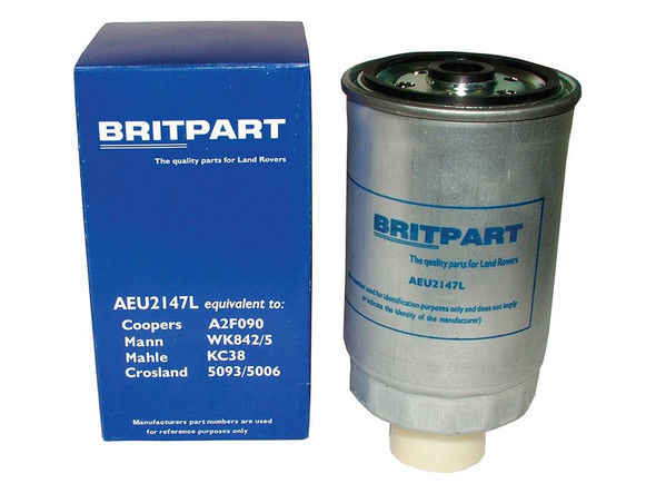 Direct Replacement Diesel Fuel Filter - AEU2147L for Discovery 1 200TDi & 300TDi, grey cylindrical fuel filter with blue BRITPART branding and packaging box next to it.