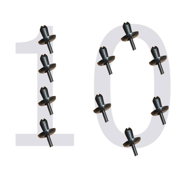 Product: Replacement Wheel Arch Clips Mud Spat Eyebrow Rivets, Ten black plastic rivets designed for Defender vehicle wheel arches and mud flaps.