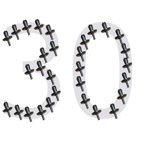 Direct Replacement Wheel Arch Clips Mud Spat Eyebrow Rivet, black rivets used for Defender vehicle wheel arches and mud flaps, pack of 30.