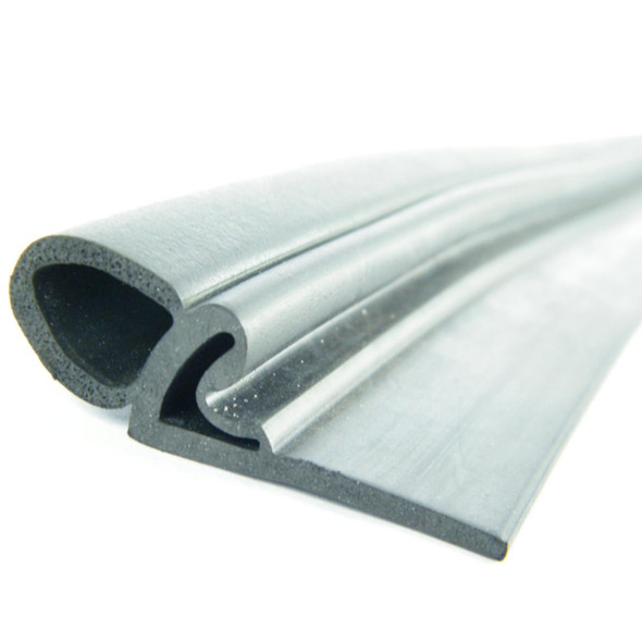 Direct Replacement Rear Door Rubber Seal Floor for Defender, close-up of grey rubber seal with a cut-out profile designed for vehicle door sealing.