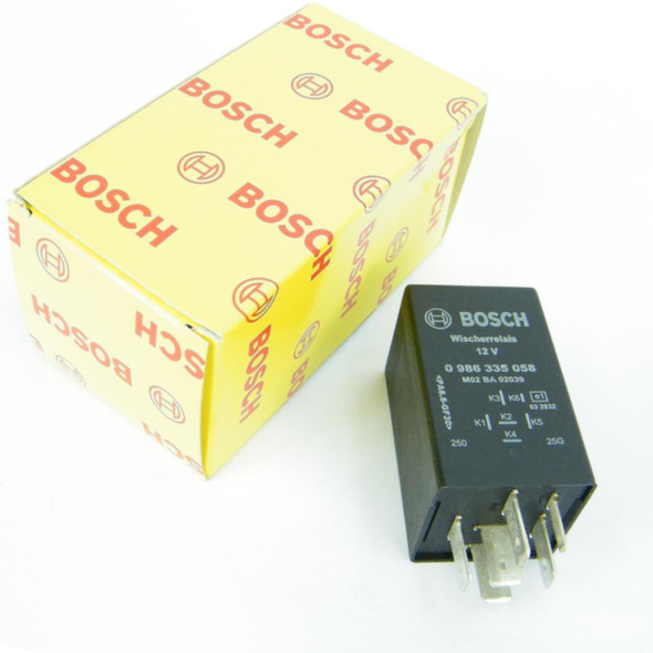 Direct Replacement Programmable Wiper Intermittent Delay Relay for Defender, black relay with electrical specifications printed on top, placed next to yellow Bosch packaging box.