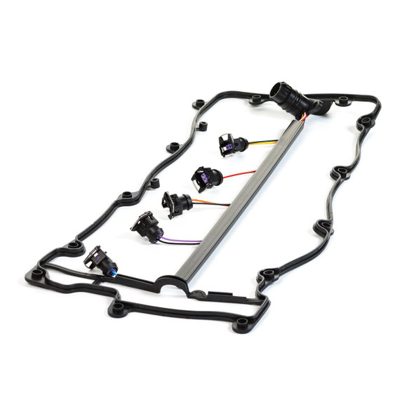 Direct Replacement Fuel Injector Harness With Rocker Gasket for Discovery 2 Td5 10P, a black rubber gasket and wiring harness with electrical connectors for engine fuel system repair.