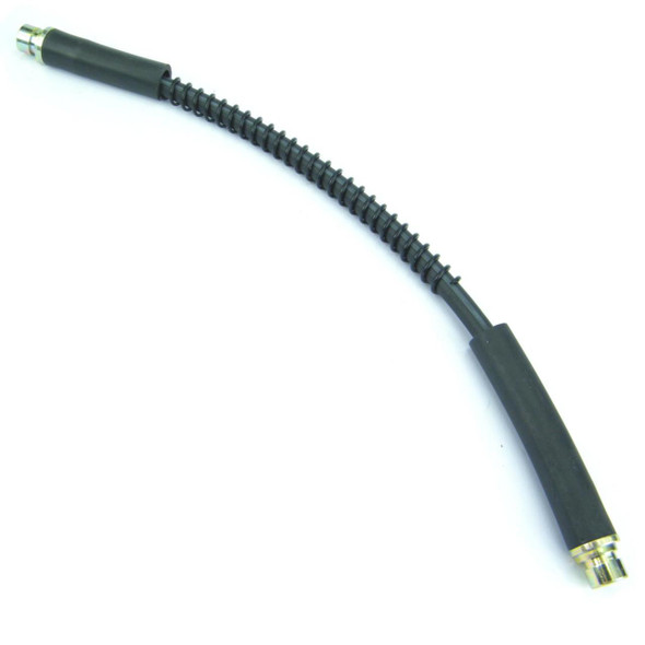 Direct Replacement Front Brake Hose Flexi Pipe for Discovery 1, black flexible brake hose pipe with metal fittings on each end.