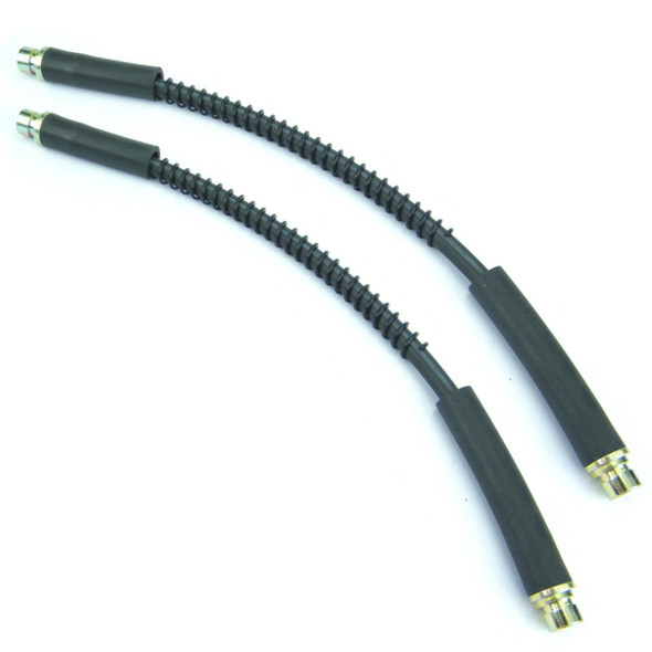 Direct Replacement Front Brake Flexi Hose Pipe x2 for Discovery 1, two black flexible brake hose pipes with metal fittings on each end.