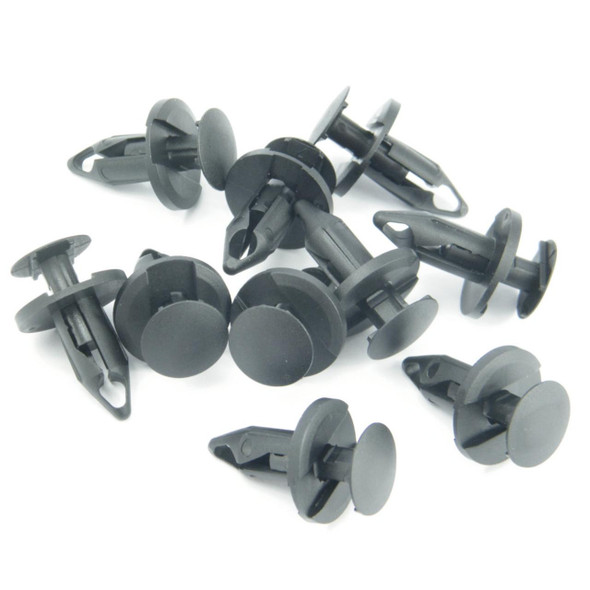 Product: Front Bumper Plastic Rivets for Freelander 1, image showing a set of 10 black plastic rivets with round heads for vehicle bumper attachment.