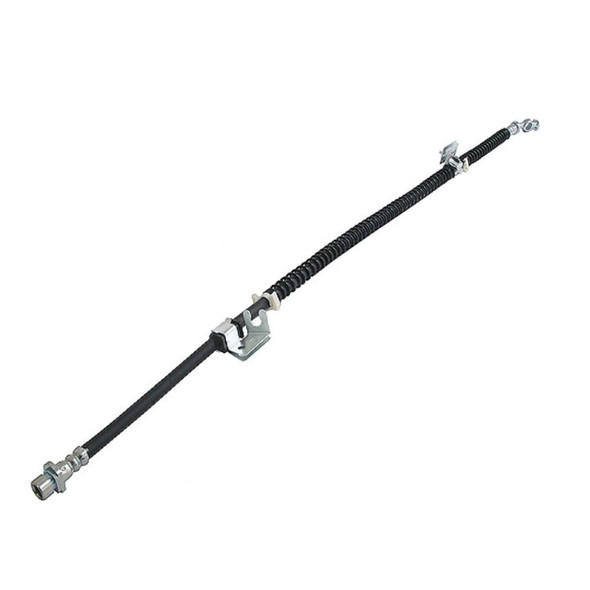 Direct Replacement Front Right Hand Brake Flexi Pipe for Range Rover P38, black flexible brake pipe with metal fittings on both ends.