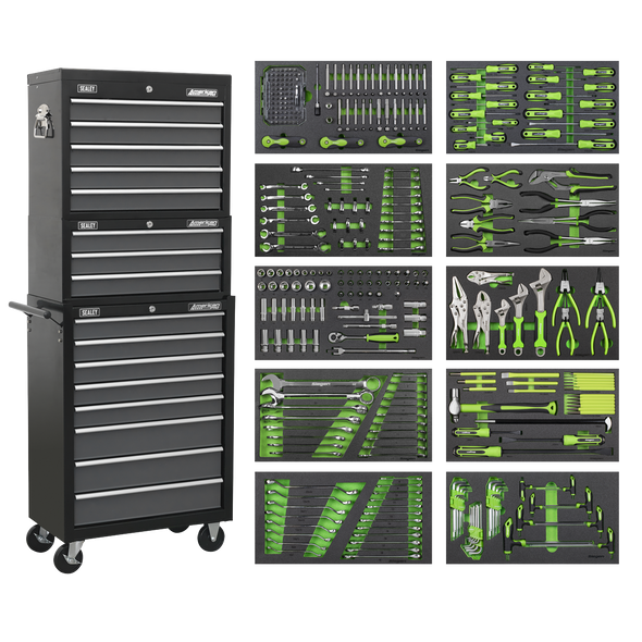 Tool Chest Combination 16 Drawer with Ball-Bearing Slides - Black/Grey & 398pc Tool Kit