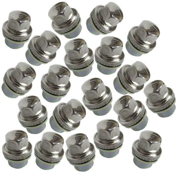 Direct Replacement Alloy Wheel Nut With Stainless Steel Cap x20 for Discovery 2 Range Rover P38, image of 20 alloy wheel nuts with stainless steel caps.