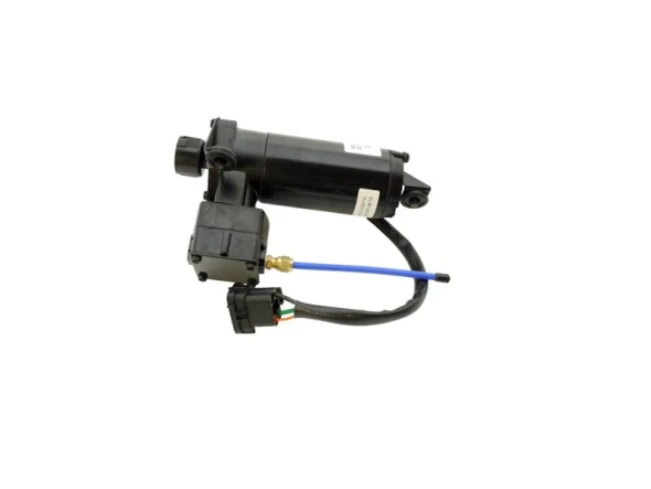 Britpart XS Air Suspension Compressor Pump OEM for Range Rover P38, black and silver compressor with blue hose and electrical connectors.