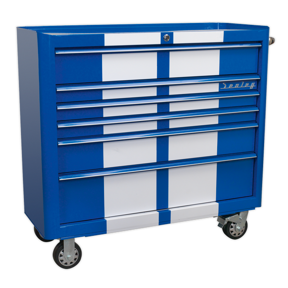 Premier Retro Style Wide Rollcab 6 Drawer - Blue with White Stripes