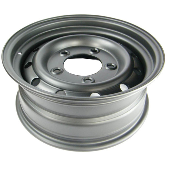 Direct Replacement Wolf HD Style Steel Wheel Black 16" X 6.5" for Defender, black steel off-road wheel with multiple ventilation holes.