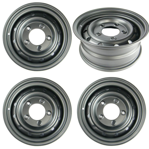 Direct Replacement Defender WOLF Heavy Duty 16" X 6.5" Wheels Black set Of 4, image of four black steel wheels suitable for off-road vehicles.