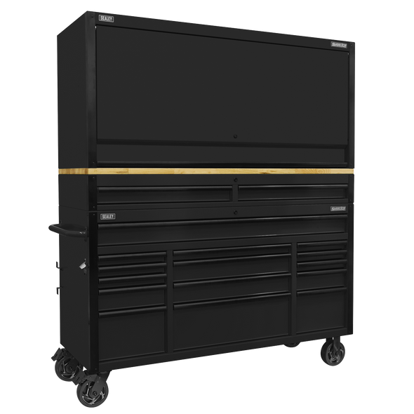 Superline PRO® Black Edition Mobile Trolley with Wooden Worktop 15 Drawer, Hutch & 2 Drawer Riser 1549mm