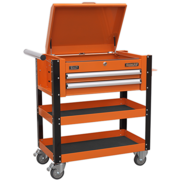 Superline PRO® Heavy-Duty Mobile Tool & Parts Trolley with Lockable Top & 2 Drawers - Orange