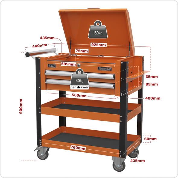 Superline PRO® Heavy-Duty Mobile Tool & Parts Trolley with Lockable Top & 2 Drawers - Orange