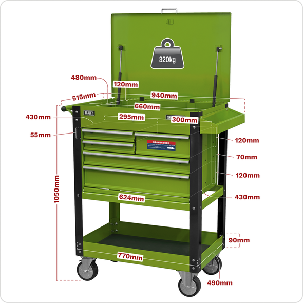Superline PRO® Heavy-Duty Mobile Tool & Parts Trolley with 5 Drawers and Lockable Top - Hi-Vis Green