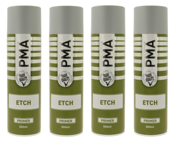 PMA Etch-Primer Fast-Drying Acrylic Primer 500ml x 4 CANS, four green spray cans with white caps and labels, used for automotive or industrial surface preparation.