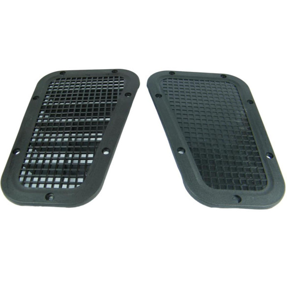 Product: Direct Replacement Wing Top Air Intake Grill Cover Trims Pair for Defender, close-up of black plastic grille covers with mounting screws for vehicle air intake.