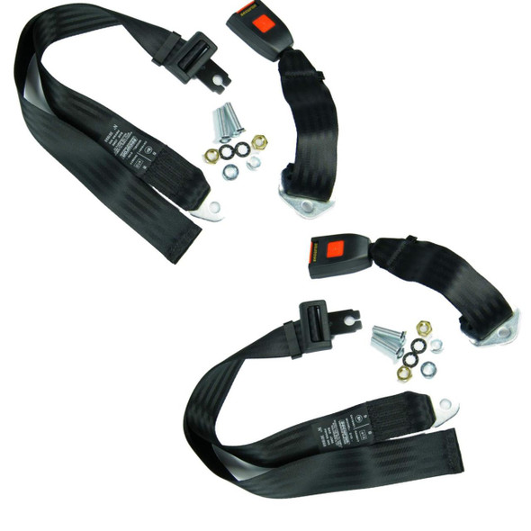 Securon Universal Lap Belt Rear Centre Seatbelt Static Safety Belt SECURON x2, image showing two black rear center seat belts with mounting brackets, screws, nuts, and washers.