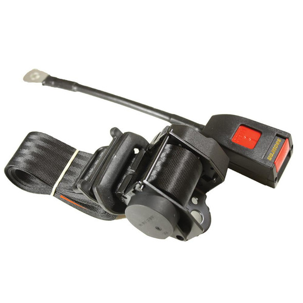 Securon Universal Seat Belt SECURON 3 Point for Defender, black three-point seat belt with retractor system and mounting hardware in close-up view.