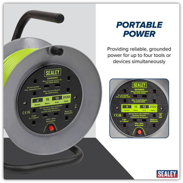 15m Cable Reel with Thermal Trip 4 x 230V - Hi-Vis Green