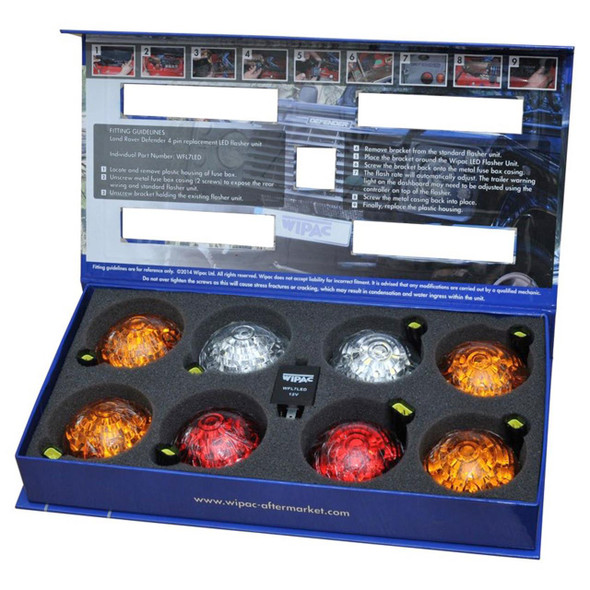 WIPAC LED Coloured Lamp Upgrade Kit Wipac for Defender & Series 2/3, automotive LED lamp set with multiple colored LED lights in a foam-lined blue box