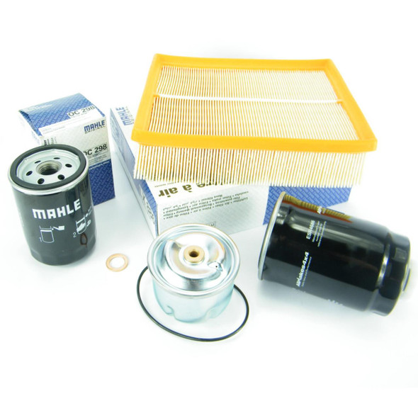 JGS 4X4 Engine Service Kit Oil & Air Filters MAHLE OEM for Discovery 2 Td5, image of engine oil filter, air filter, and replacement filters in packaging for vehicle maintenance.
