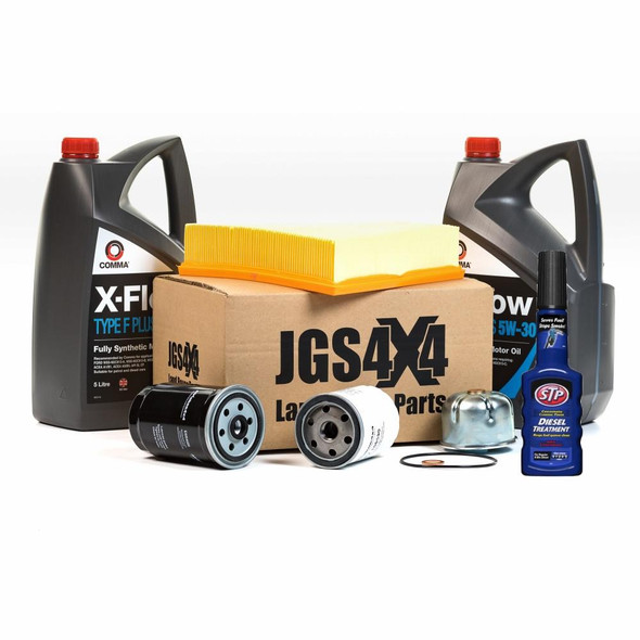 Product: Direct Replacement Engine Service Filter Kit for Discovery 2 Td5, image shows various engine oil filters, synthetic engine oil bottles, fuel treatment, and oil filter parts arranged around a cardboard box.