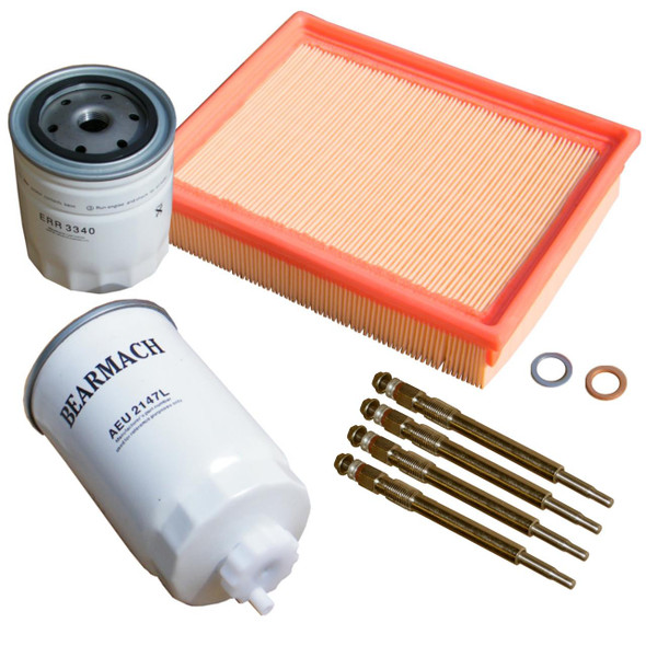 Product: Discovery 1 300 Tdi Engine Service Filter Kit & Glow Plugs Set, image description of a complete replacement filter kit for vehicle maintenance with filters, glow plugs, and O-rings.