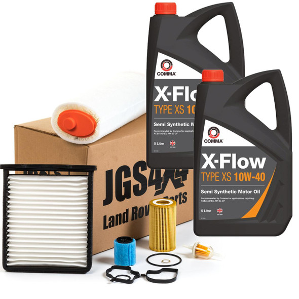 Direct Replacement Engine Service Filter Kit With Engine Oil for Freelander 1 Td4, includes oil filters, engine oil bottles, and other service parts.