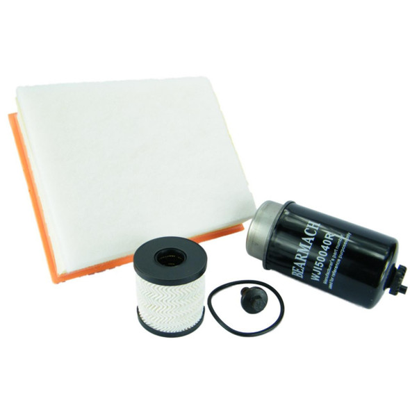 Direct Replacement Service Filter Kit for Defender 2.2.4 TDCi Puma, includes air filter, oil filter, and fuel filter components arranged on a plain background.