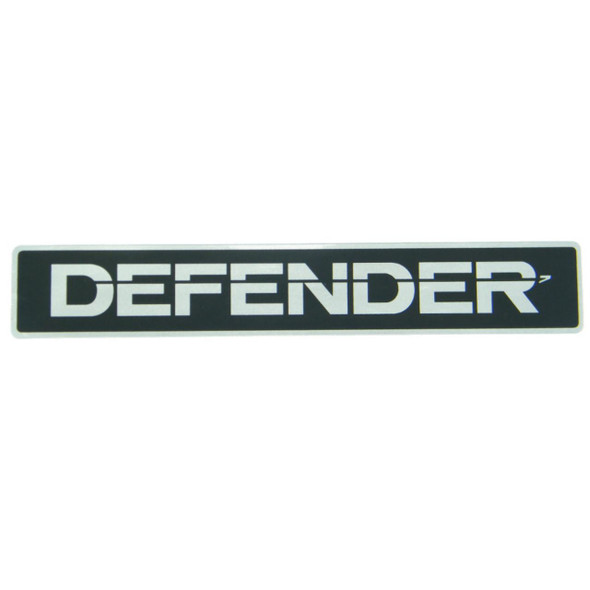 Genuine Land Rover Front Grill Panel Badge Decal Self Adhesive Genuine Land Rover Parts for Defender, black and white badge decal with the word 'DEFENDER' in bold uppercase letters.