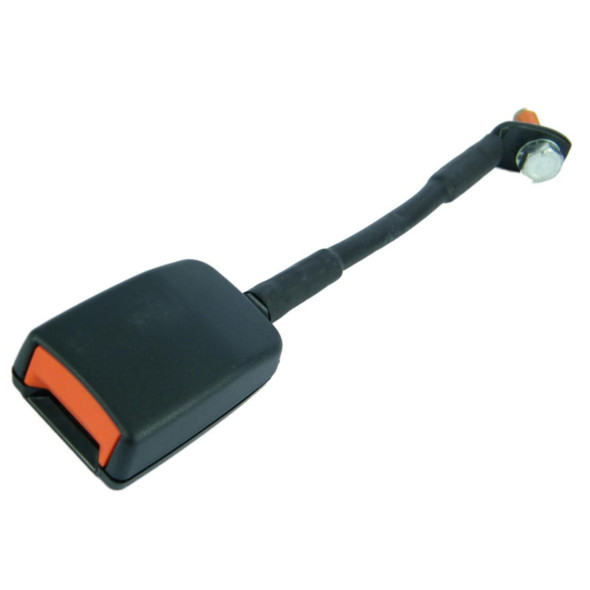 Direct Replacement Seat Belt Buckle Left Hand for Defender, black seat belt buckle with orange release button connected to a black strap