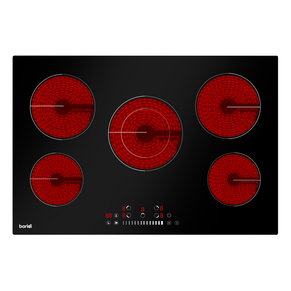Baridi Integrated Ceramic Hob with 5 Cooking Zones 77cm - Black Glass
