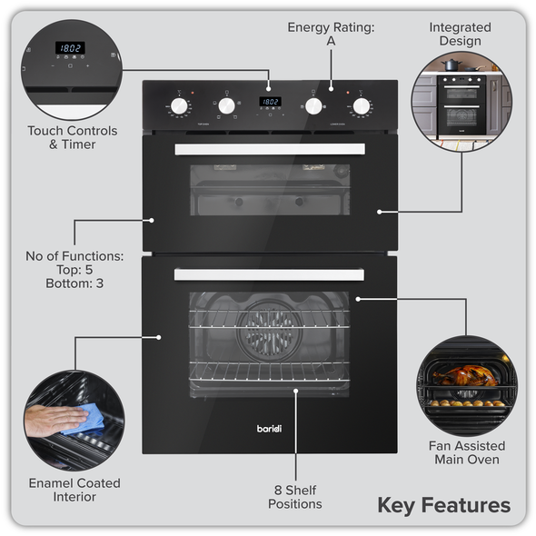72cm Built-Under Double Oven, 74L Capacity, Energy Rating A - Black
