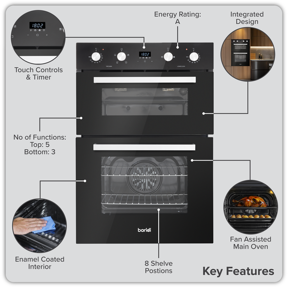 90cm Built-In Double Oven, 88L Capacity, Energy Rating A - Black