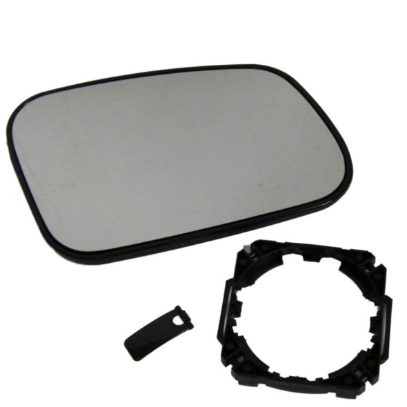 Direct Replacement Wing Mirror Glass & Mount Right Hand Heated for Discovery 2, image of a replacement side mirror glass with a mounting frame and a small attachment clip.