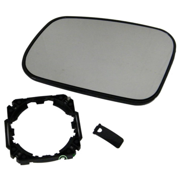 Product: Replacement Wing Mirror Glass & Mount Left Hand Heated for Discovery 2, image showing a replacement heated wing mirror glass with mounting frame and small clip.
